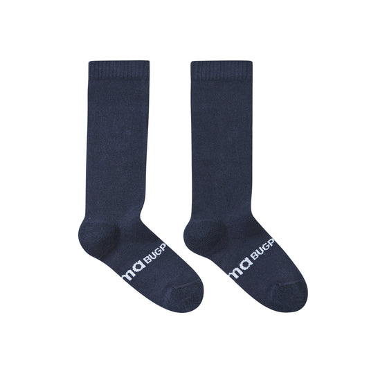 Pair of navy blue bug proof socks with a brand logo on a white background