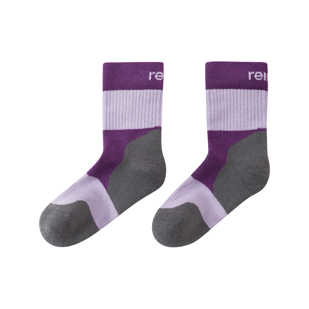 Pair of purple and gray socks with 'reima' branding on a white background