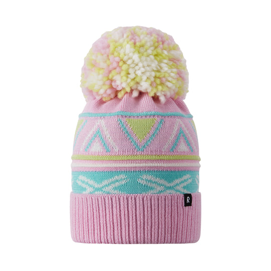 A pink knit beanie hat with a large pastel pom-pom on top, featuring geometric patterns in turquoise, lime green, and white, and a ribbed cuff with a small black logo tag.