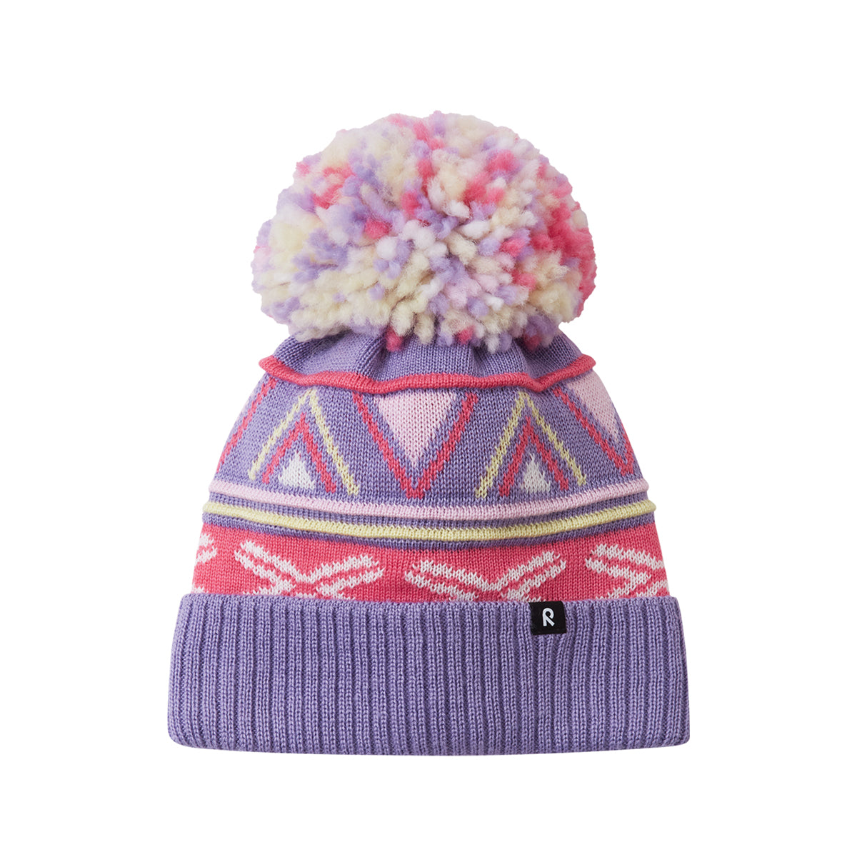 Knitted hat with a colorful pom-pom on a white background