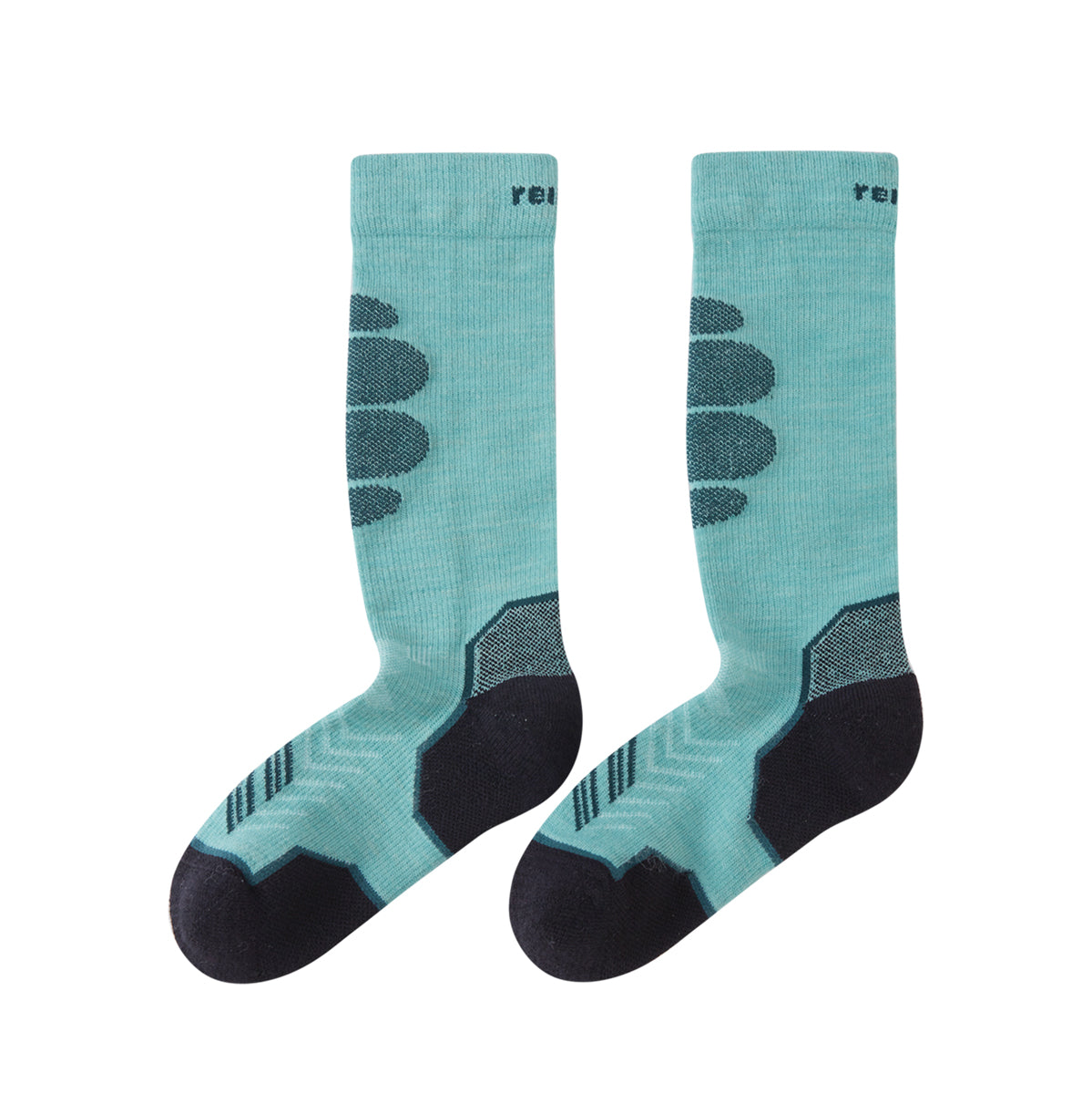 A pair of athletic crew socks in a light teal color with dark gray and black textured panels on the heels, toes, and arches, displayed against a solid white background.
