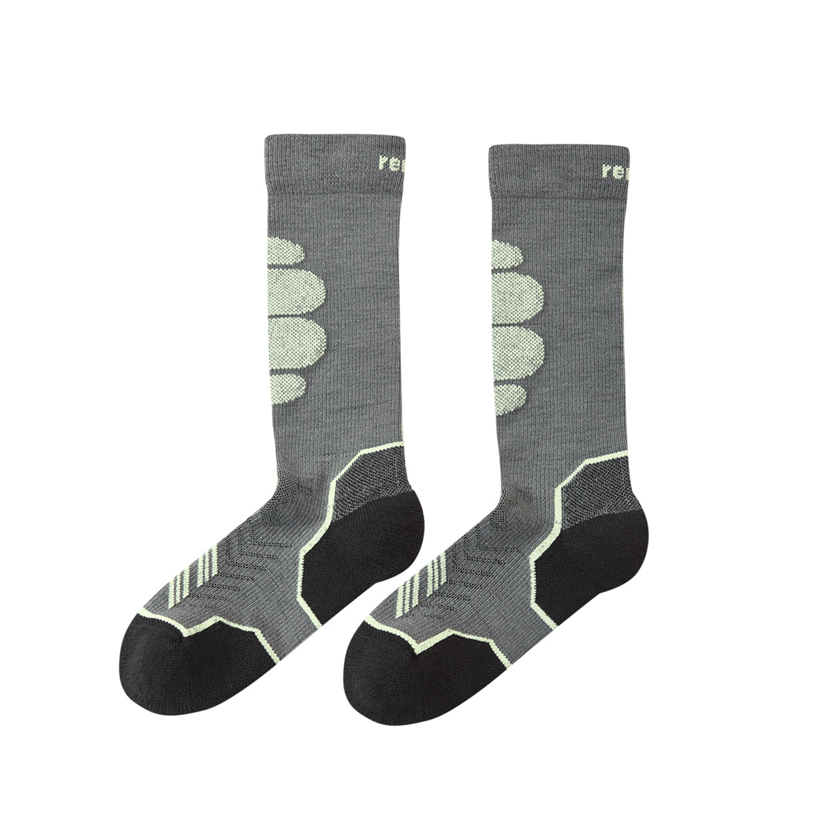 A pair of crew-length athletic socks in heather gray with black heels, toes, and heels, featuring light green geometric patterns and a small green 're' logo near the top cuff, shown against a plain white background.
