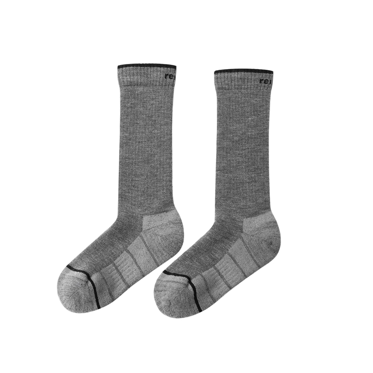 A pair of heather gray crew socks with black trim at the cuff and toe, displayed against a light gray background.
