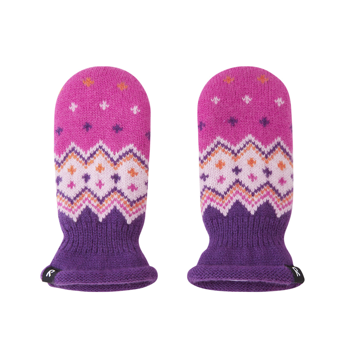 A pair of knit winter mittens in pink and purple with a colorful geometric Fair Isle pattern, shown against a plain white background.