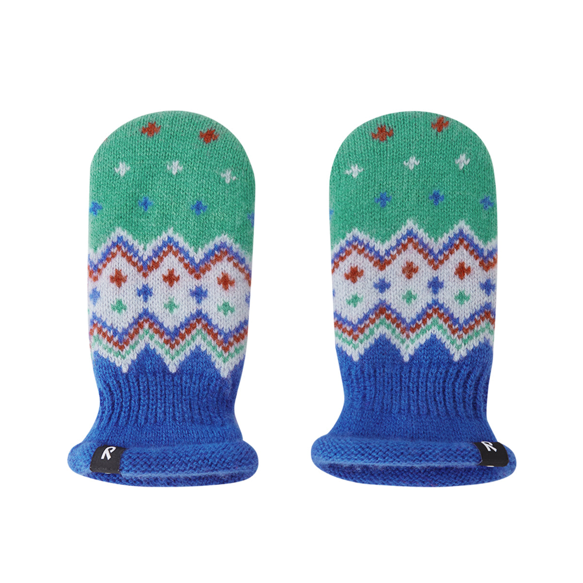 A pair of knit winter mittens with a green top section, multicolor Fair Isle pattern band, and blue cuffs, shown on a plain white background.