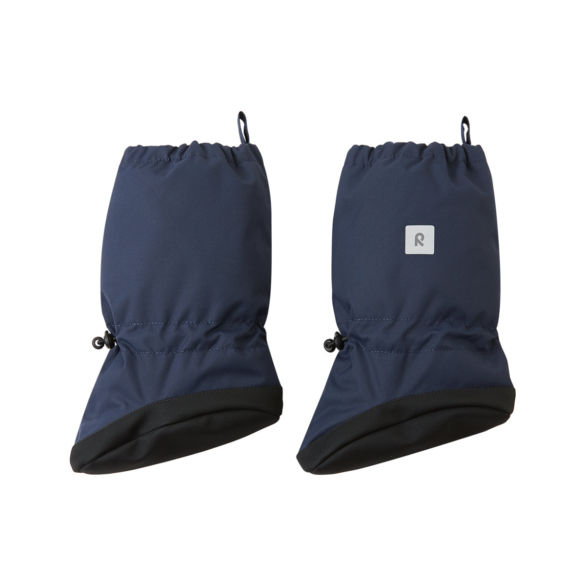 A pair of navy blue baby booties with black sole shown against a plain white background. One has a small white square logo patch with a black letter 'R'.