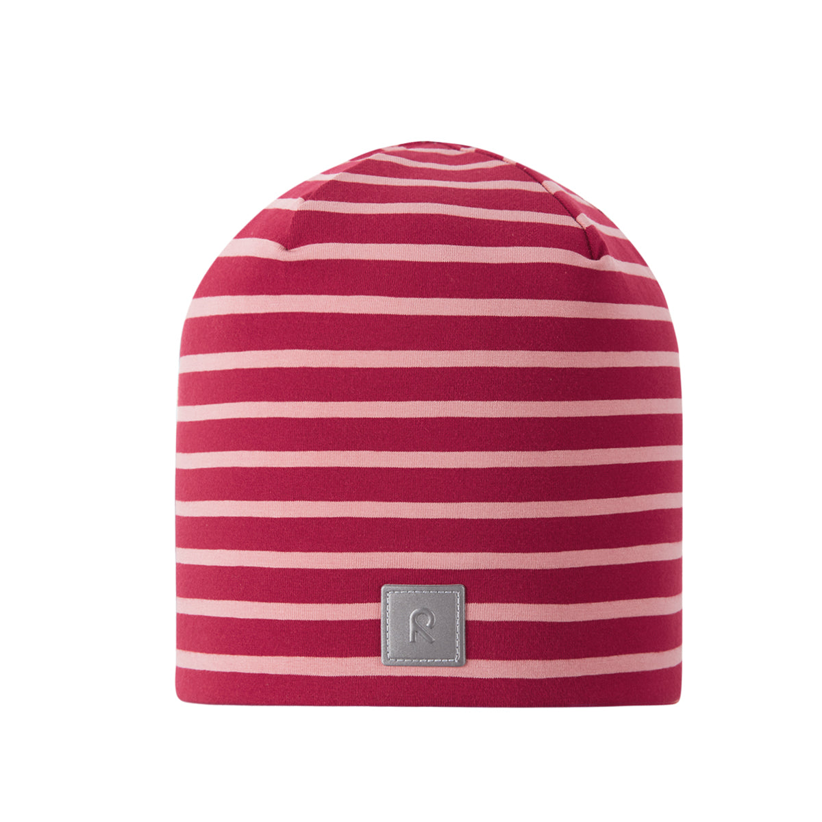 Red and white striped kids beanie with a gray label on a white background