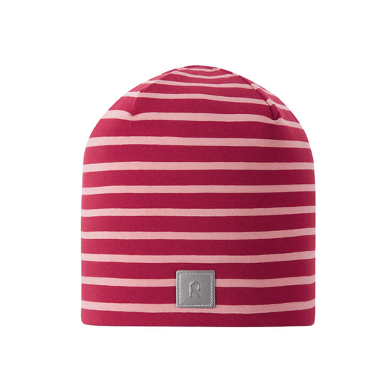 Red and white striped kids beanie with a gray label on a white background