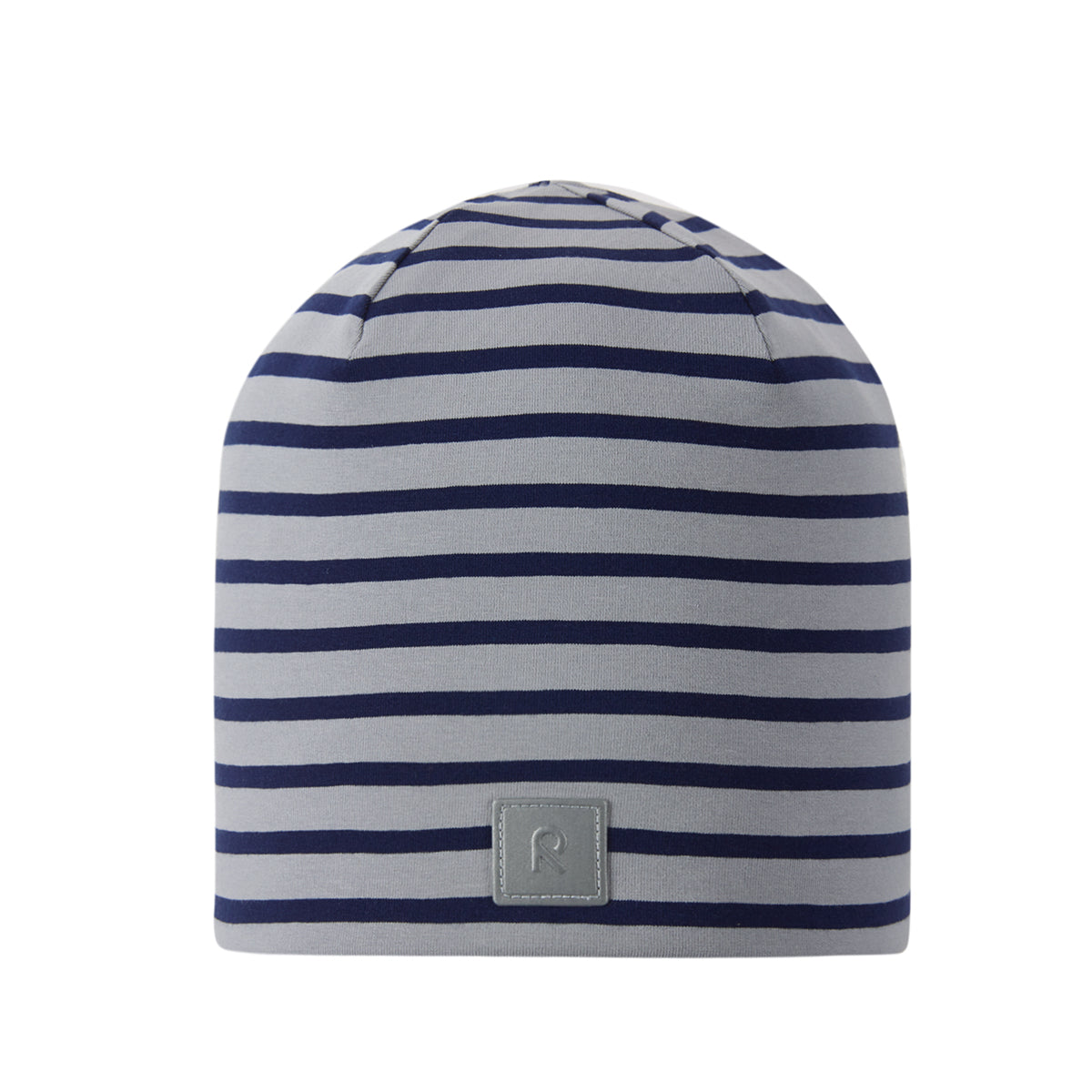 Striped boys beanie with a brand logo on a white background