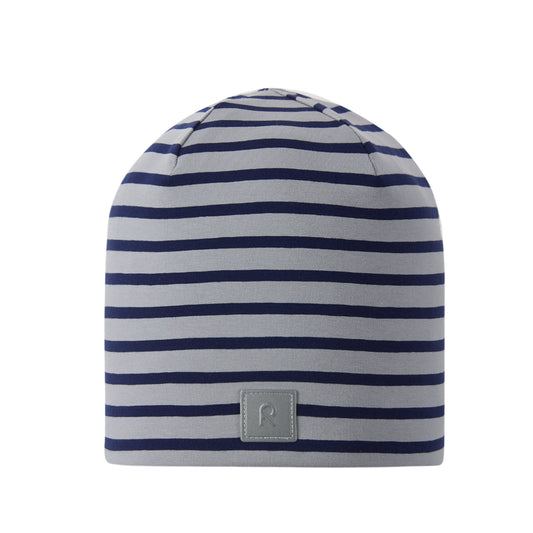 Striped boys beanie with a brand logo on a white background