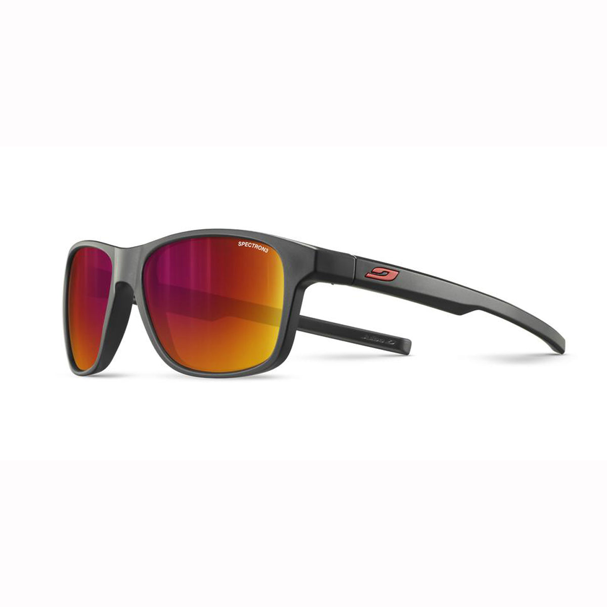 Sunglasses with red-tinted lenses on a white background