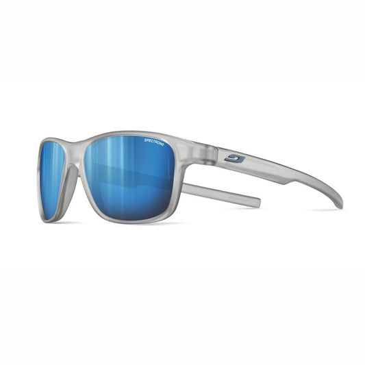 Sunglasses with blue reflective lenses and silver frame on a white background