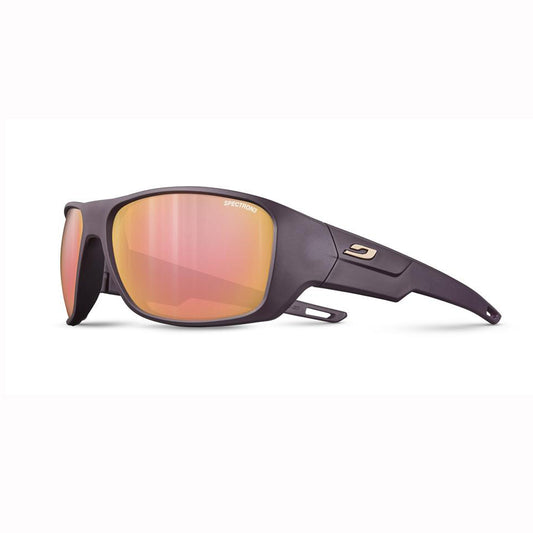 Sunglasses with reflective pink lenses on a white background