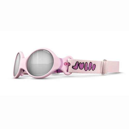 Pink baby sunglassed with a strap featuring a cartoon character on a white background