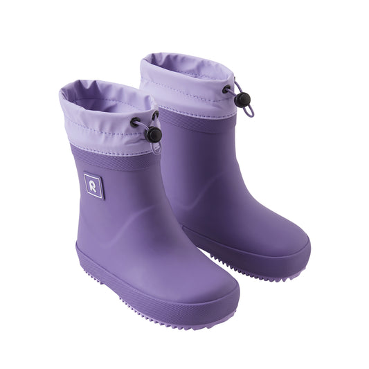 Pair of girls purple rubber boots on a white background
