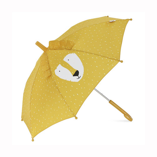 Yellow polka dot umbrella with a cartoon face on a white background