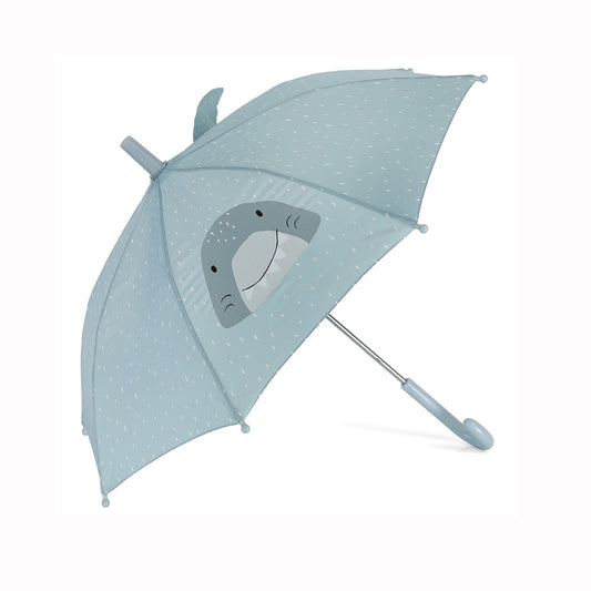 Children's umbrella with shark design on a light blue background