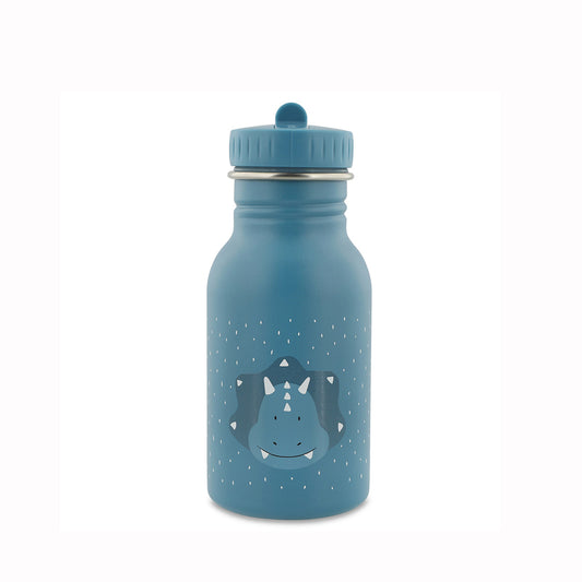 A blue insulated water bottle with a matching blue screw-on lid, featuring a cartoon dinosaur face graphic and small white speckles on the front, set against a plain white background.