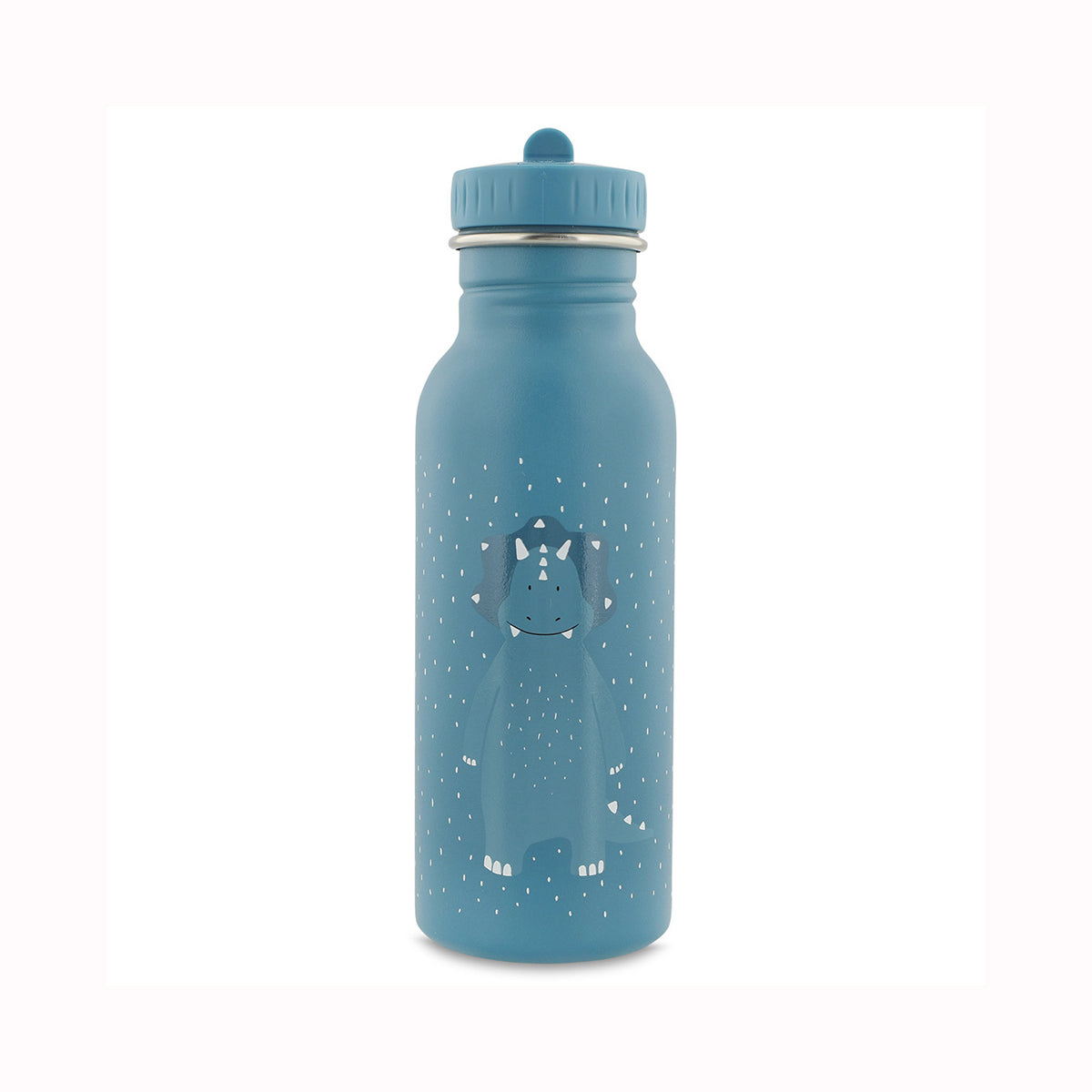 A blue insulated water bottle with a matching blue screw-top lid, featuring a white printed cartoon dinosaur surrounded by small white stars on the front.