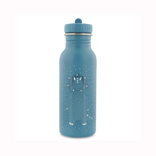 A blue insulated water bottle with a matching blue screw-top lid, featuring a white printed cartoon dinosaur surrounded by small white stars on the front.