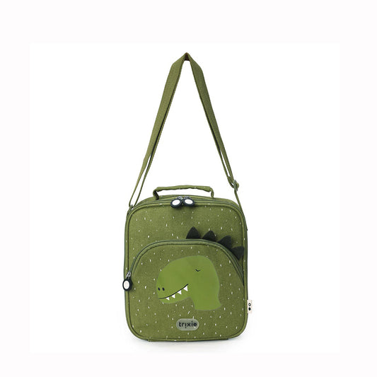 Green dinosaur-themed lunch bag with a strap on a white background