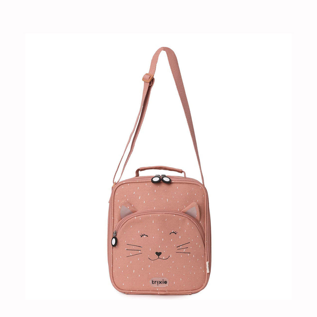 Pink cat-shaped lunch bag with a strap on a white background