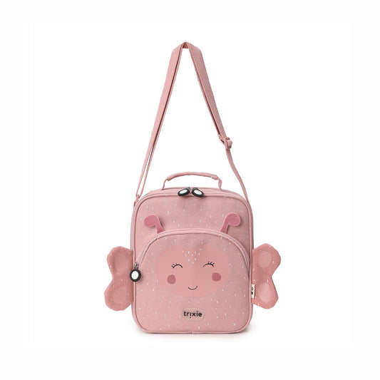 Pink children's backpack with a cartoon face design on a white background