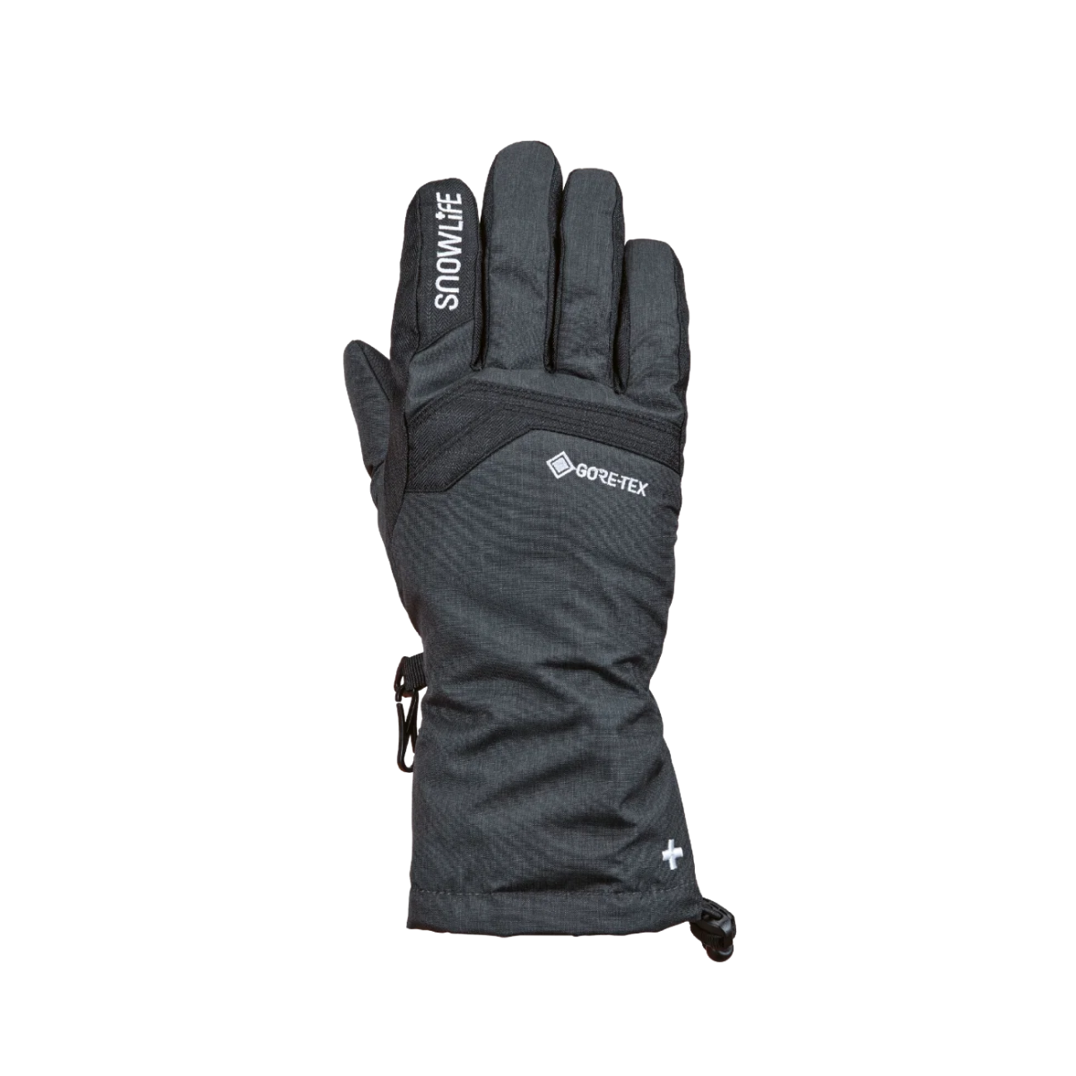 A single dark gray outdoor glove with white branding, including 'SNOWLIFE' on the back of the hand and 'GORE-TEX' on the back of the wrist, shown against a plain white background.