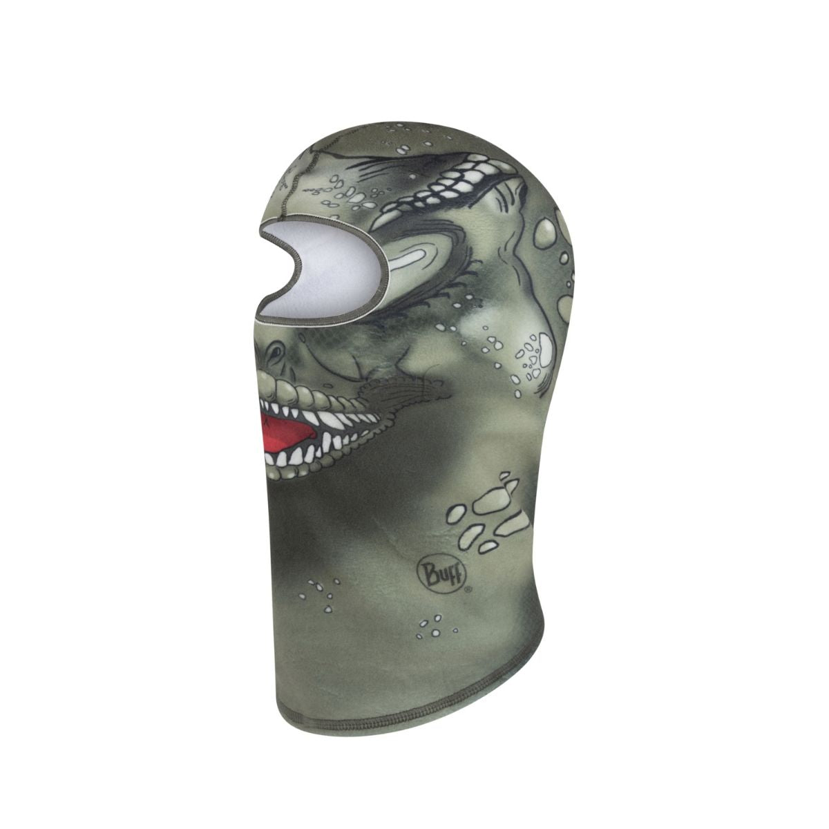 A balaclava face mask featuring a detailed zombie graphic print in shades of gray, green, and black, with a small red tongue accent and a visible 'Buff' brand logo near the lower neck opening.