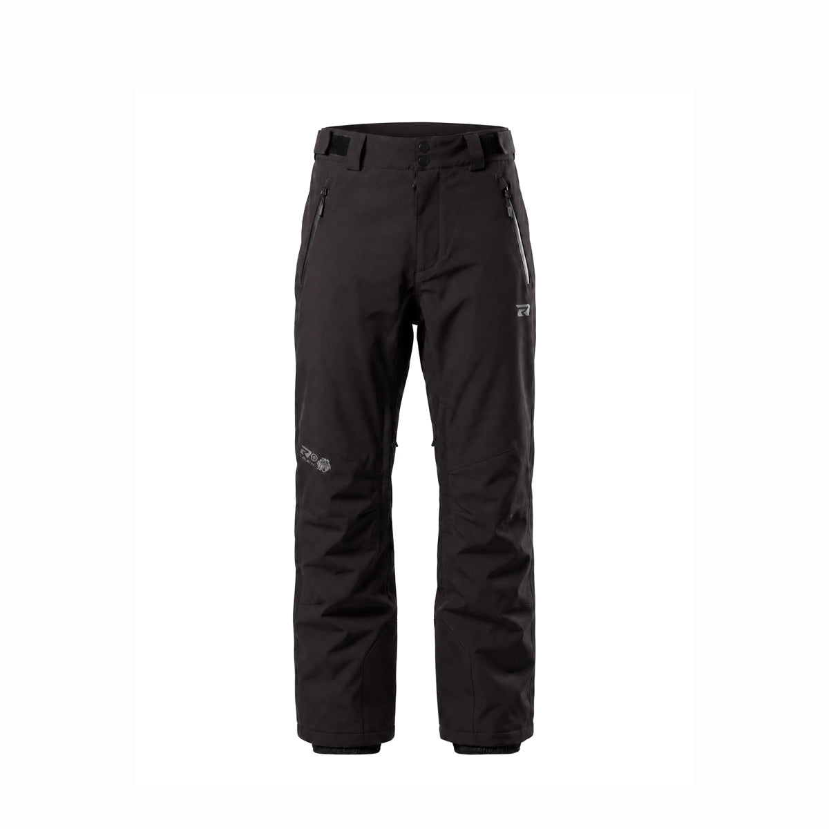 Black technical snow pants with zippered side pockets and a small white logo on the upper right thigh, shown against a plain white background.