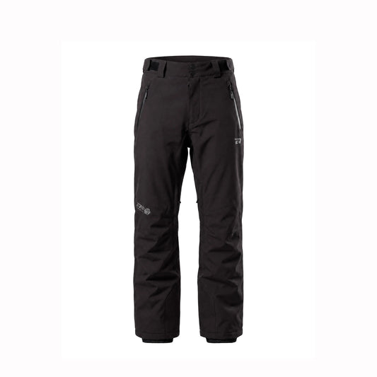 Black technical snow pants with zippered side pockets and a small white logo on the upper right thigh, shown against a plain white background.