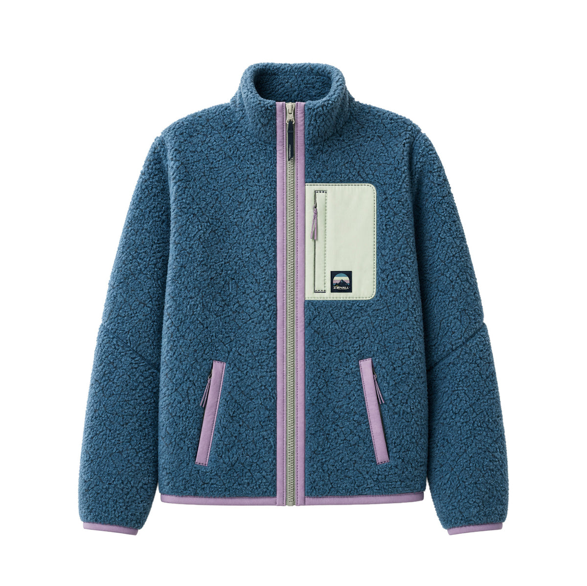 A blue girls fleece zip-up jacket with light purple trim and a light green front chest pocket, shown on a plain white background.