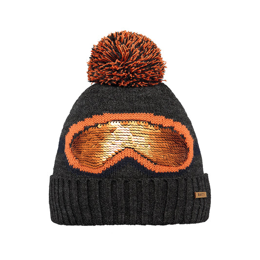 Barts kids beanie in grey with pom-pom and flippable orange sequins in goggle shaped pattern. 