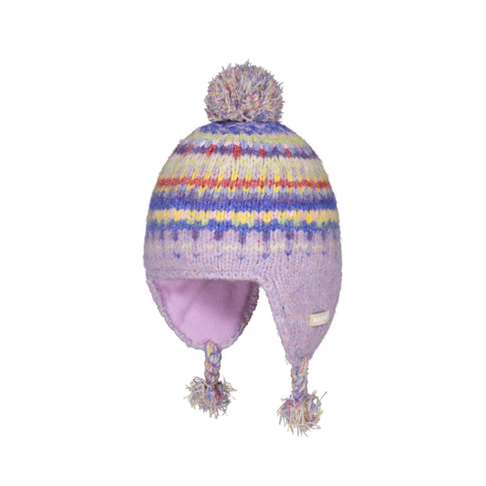 Colorful knitted hat with a pom-pom on a white background