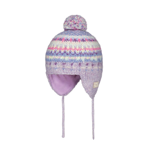 Knitted hat toddler with colorful pattern and purple interior on a white background