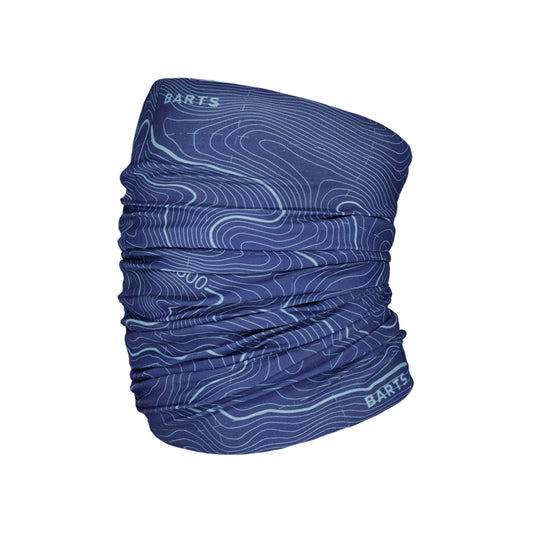 A navy blue BARTS neck gaiter featuring a light blue topographic contour line pattern, shown on a plain white background.