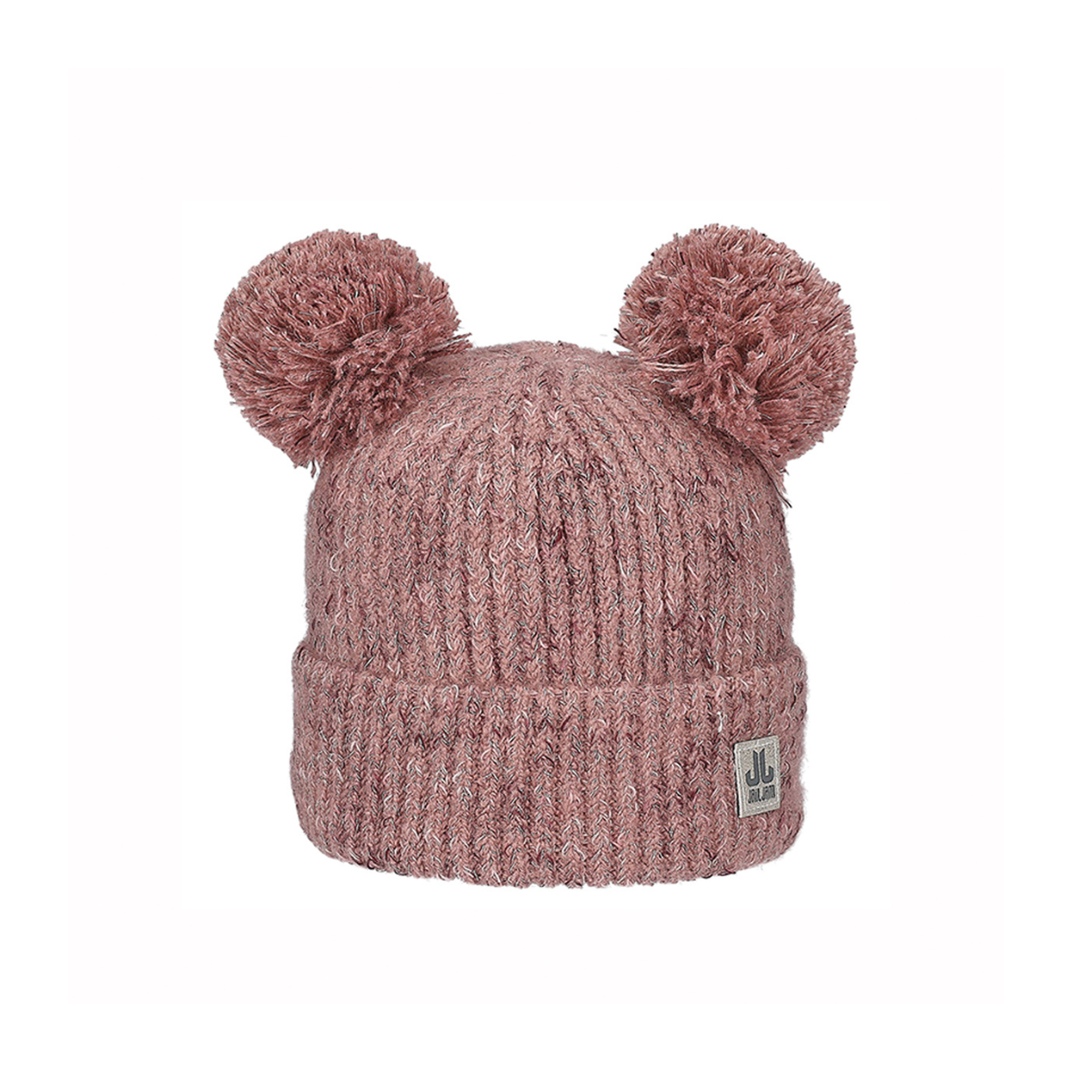 Ribbed pink beanie with two bobbles at the top.