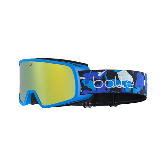Blue and black teens ski goggles with a colorful strap on a white background
