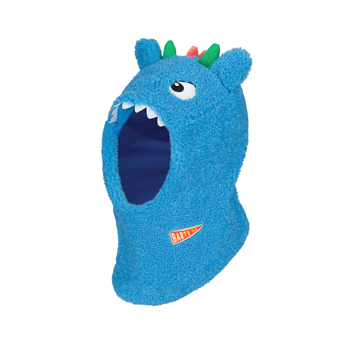 A blue plush monster balaclava with a wide open mouth, small horns, and a visible BARTS logo on the front, isolated on a white background.