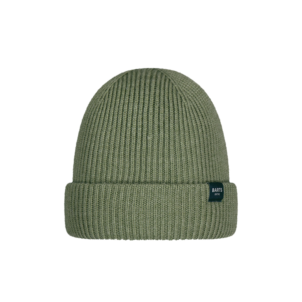 An olive green ribbed knit beanie hat with a folded cuff, featuring a small dark green 'BARTS' brand tag on the side, set against a plain white background.