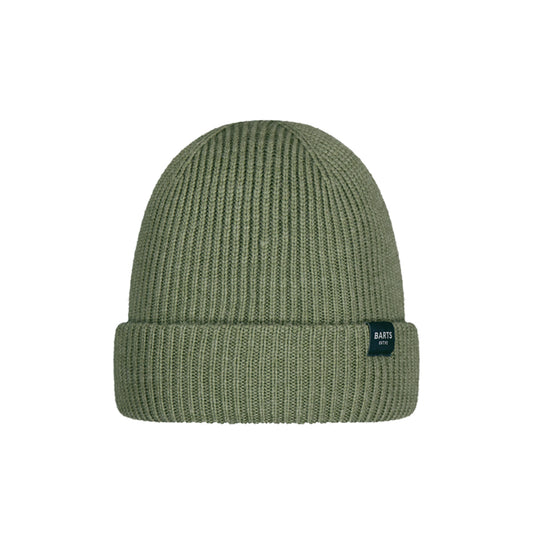 An olive green ribbed knit beanie hat with a folded cuff, featuring a small dark green 'BARTS' brand tag on the side, set against a plain white background.