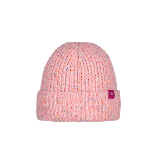 A pink ribbed knit beanie hat with subtle multicolor flecks, featuring a folded cuff and a small magenta brand tag on the side.