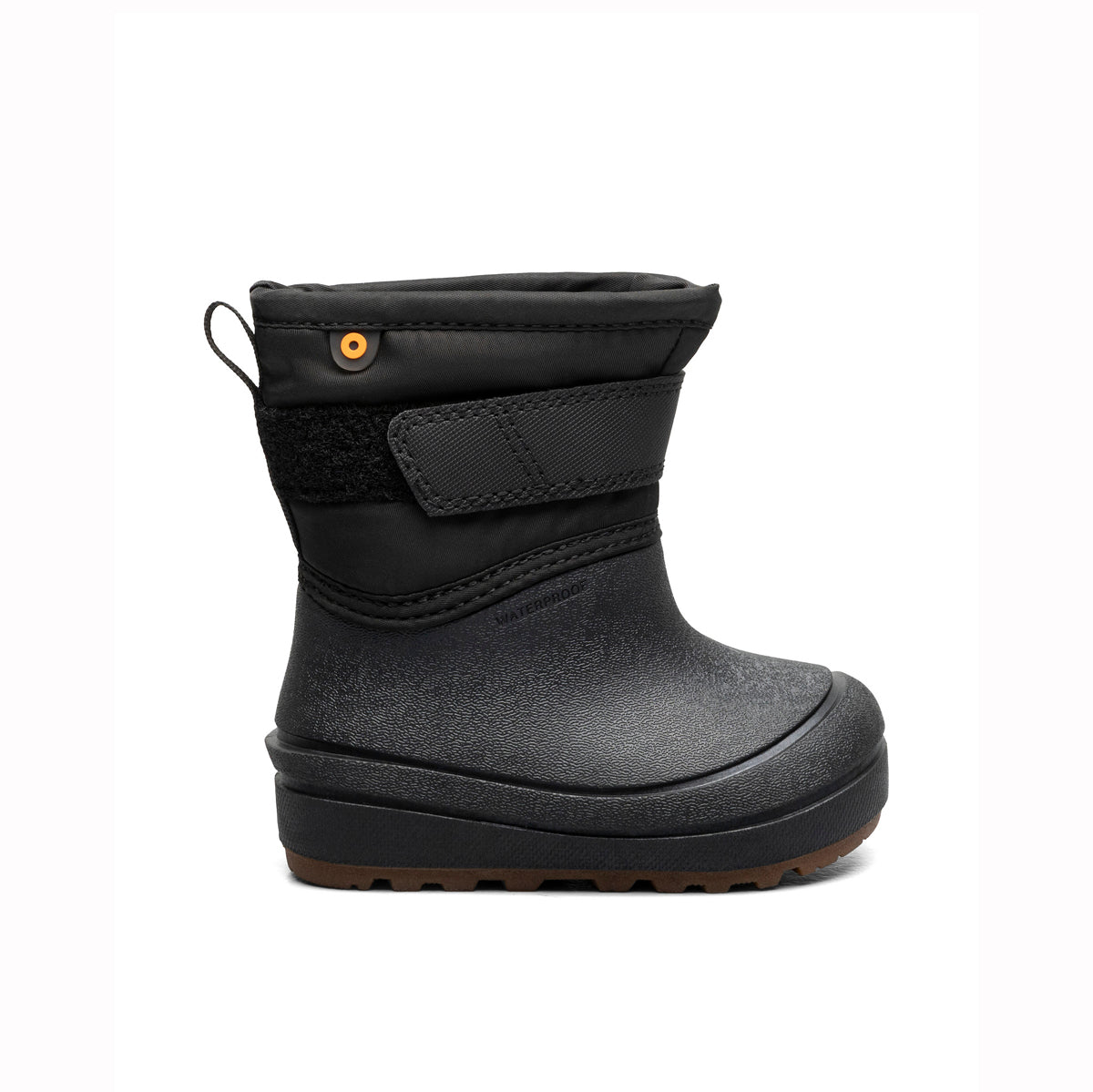 A single black waterproof winter boot with a hook-and-loop strap closure and a small orange accent button, shown from a side profile on a white background.