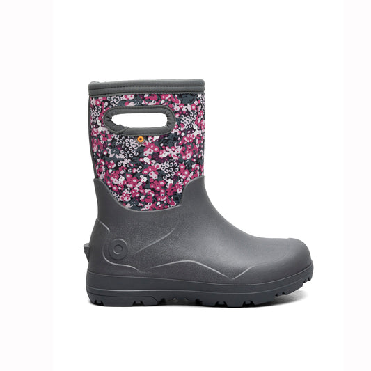 Bogs kids neoprene wellies with grey sole and pink floral upper on a white background
