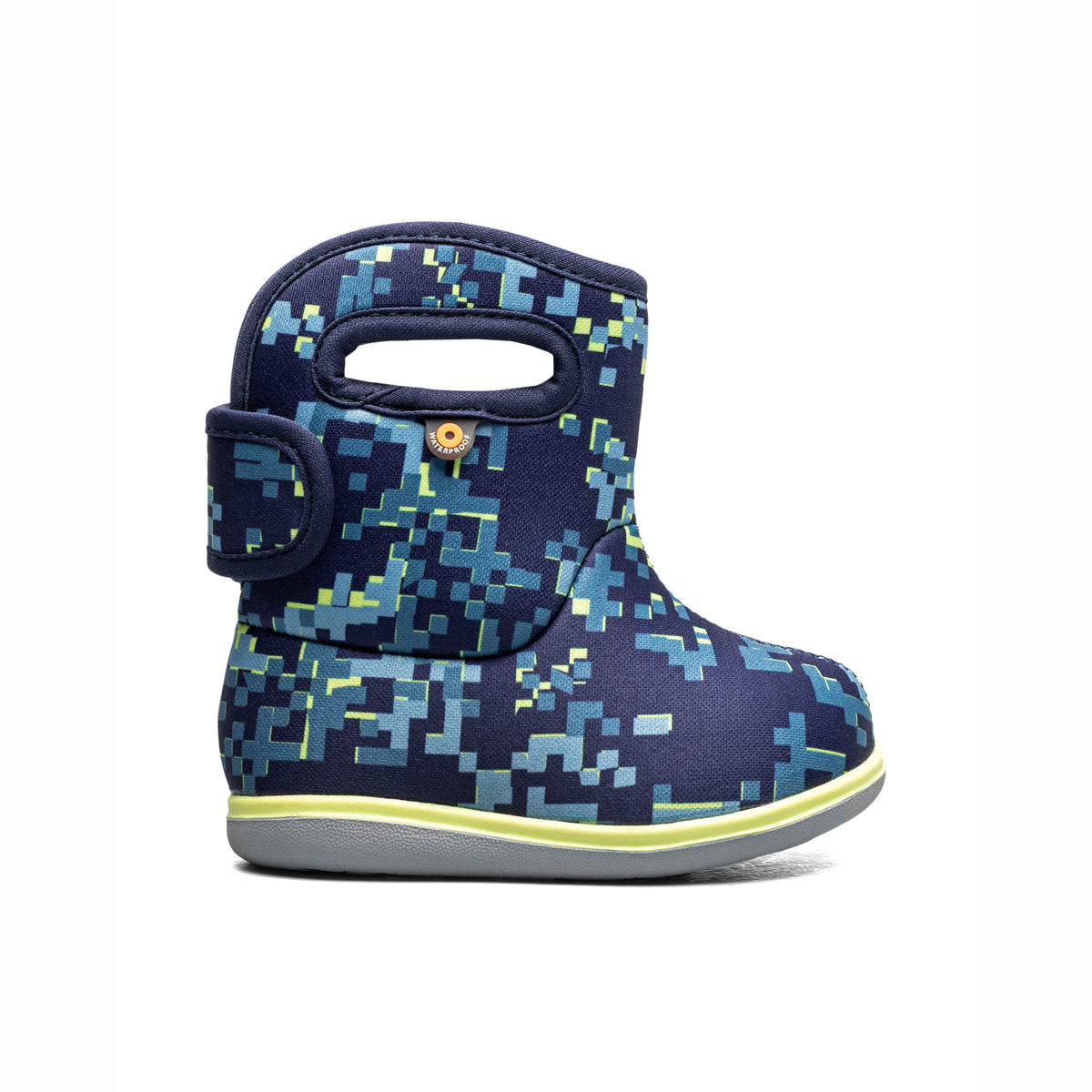 A single toddler winter boot with a navy blue and light blue digital camouflage pattern, featuring a hook-and-loop strap closure with a gold snap button and a light gray sole.