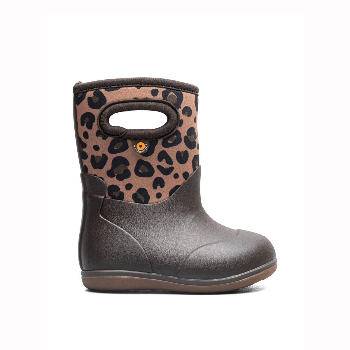 A single children's rain boot shown in profile on a white background. The boot has a dark brown rubber body and sole, with a tan and black leopard-print fabric upper and a small circular logo badge near the top.