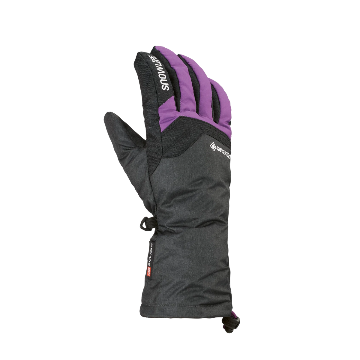 A single insulated winter glove shown from the back, featuring a dark gray body, purple back of hand, and black fingers, with the brand name 'Snowlife' visible.