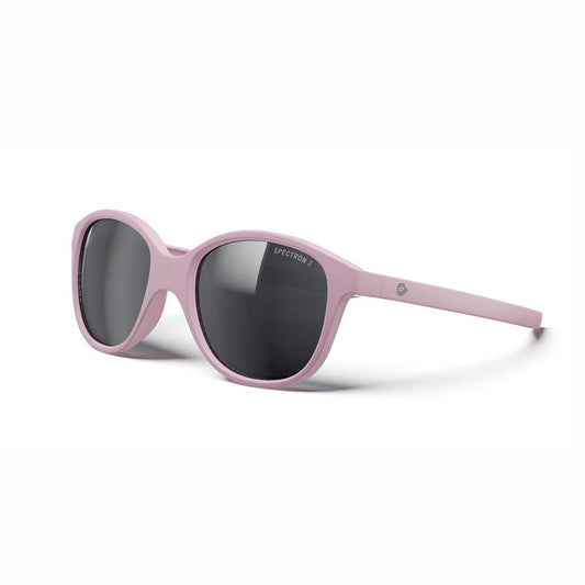 Pink sunglasses with dark lenses on a white background