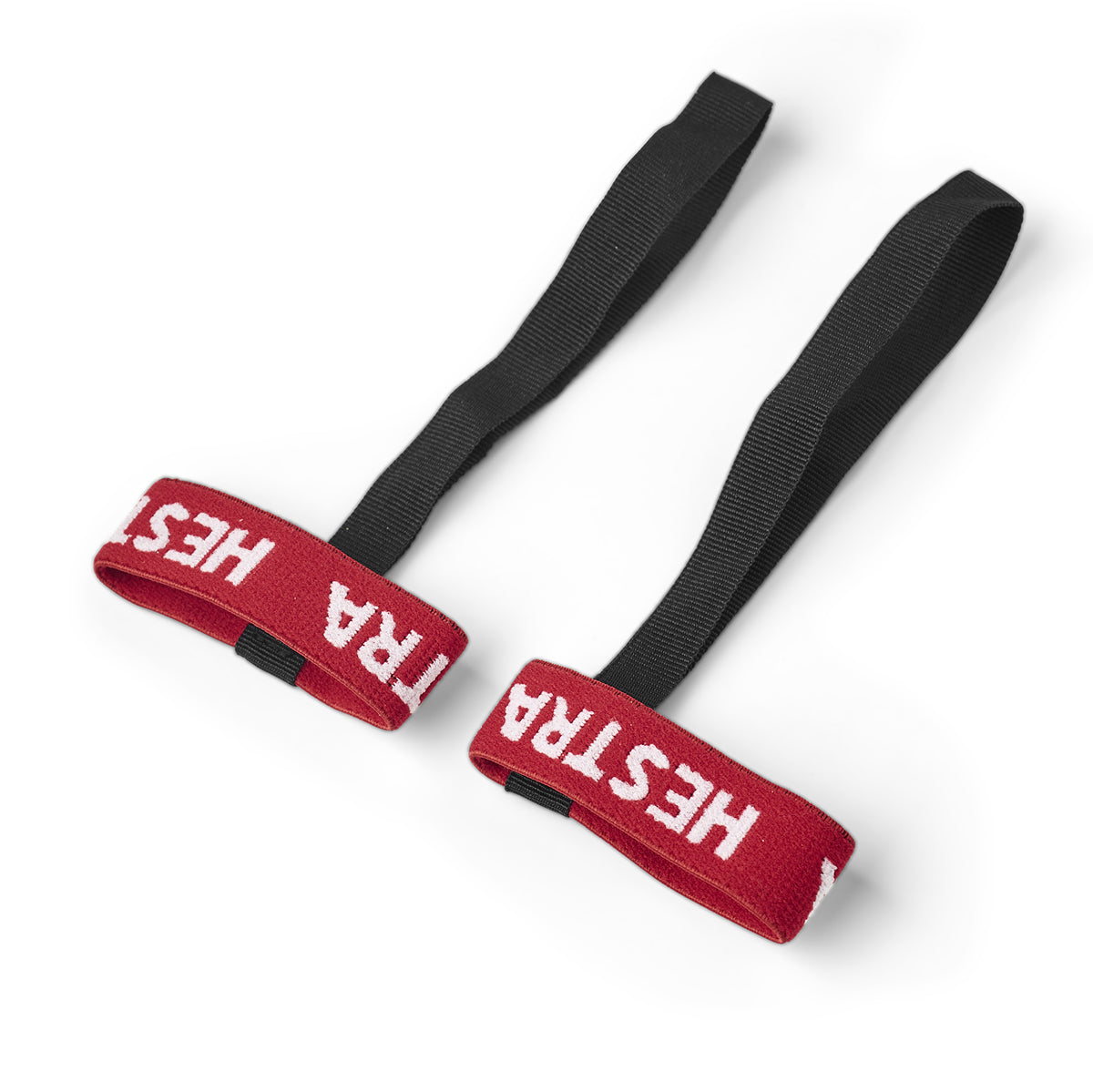 Two red straps with black webbing and 'HESTRA' branding on a white background