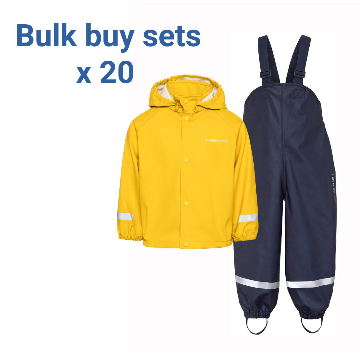A kids' rainwear bulk buy set showing a yellow hooded rain jacket and navy blue bib overalls with reflective silver stripes, on a white background with 'Bulk buy sets x 20' text.